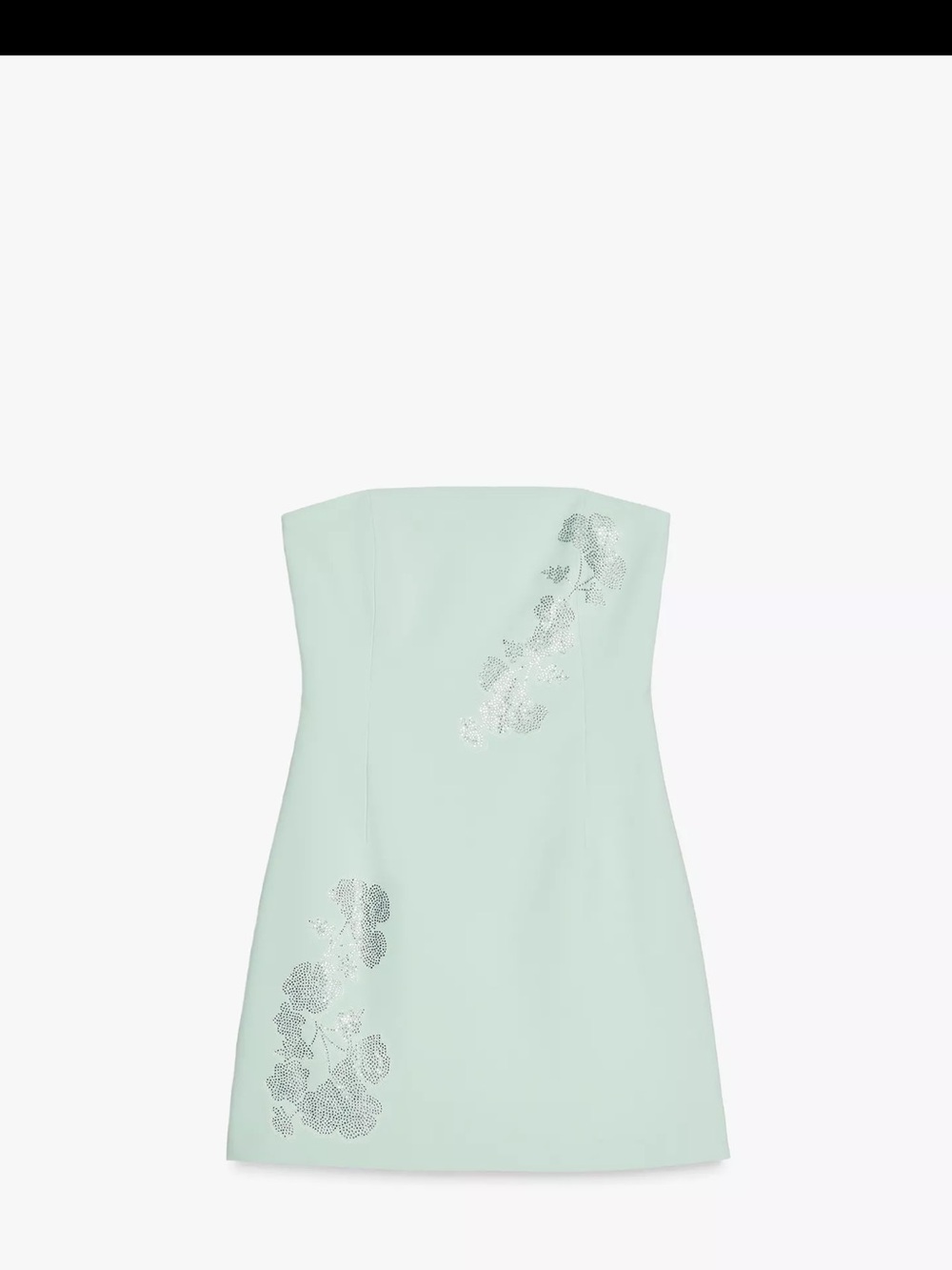 Zara Strapless Mint Green Mini Dress with Silver rhinestone Floral Accents
